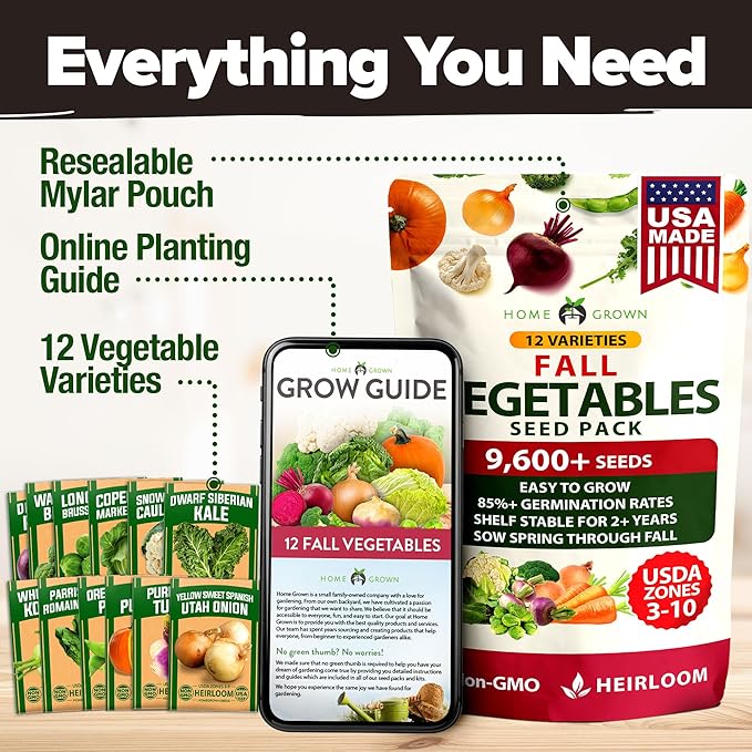 HOME GROWN 12 Fall Vegetable Seeds 9600+ Heirloom Non-GMO, High Germination, Cold Hardy Frost Tolerant Cool Season Garden, Beets, Kale, Cabbage, Peas, Broccoli, Lettuce, Onions (12 Varieties)