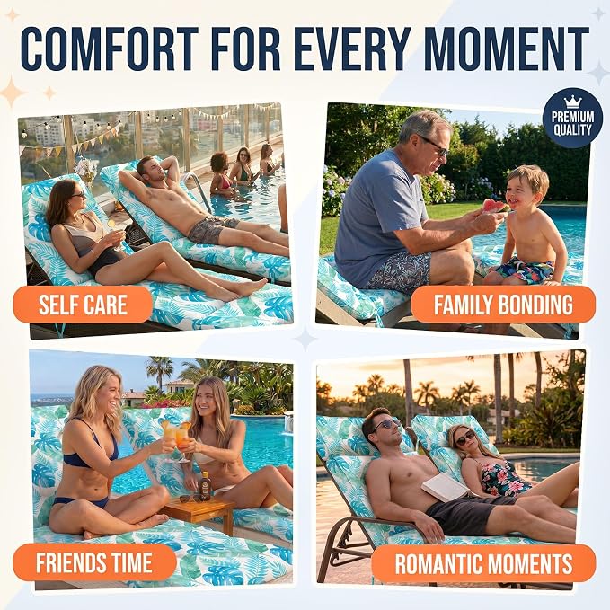MAGIC ELEPHANT Chaise Lounge Cushion Outdoor, Memory Foam Patio Lounge Chair Cushion with Ties for Outdoor Furniture, 74 x 22 x 4 Inch (Aqua Monstera)