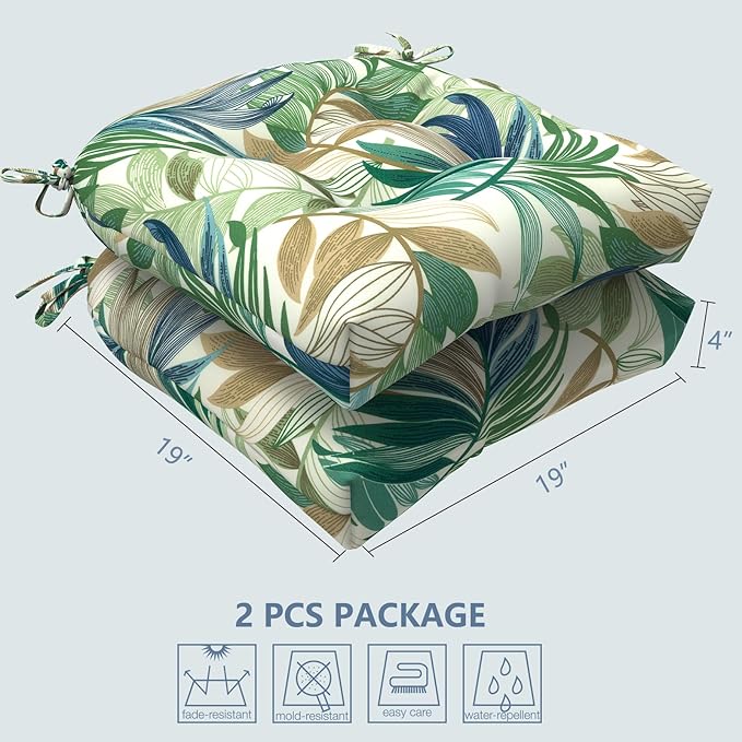 LVTXIII Outdoor U-Shaped Wicker Seat Cushion, Decorative Tufted Chair Pads Round Back Seat Cushion Set for Patio Garden Home Office Furniture, 19"x19"x4", 2 Pack, Lush Leaf Green