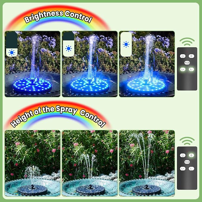 Yzert Remote Solar Fountain Adjust Spray Height with Fantastic Colorful Lights, 2026 6W Solar Bird Bath with 4000 mAh Battery, Solar Water Fountain Pump for Outdoor, Garden Decor, Pond, Pool (54LEDs)