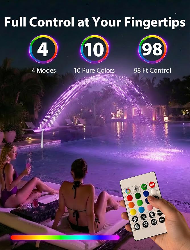 POOLHOUR 2026 Upgrade Height Solar Pool Fountain with 10-Color 4-Mode LED Lights, Auto Light-Sensing Pool Sprinkler Fountain for Above/Inground Pools, 360° Adjustable Spray for 8-16°F Cooling (Gray)