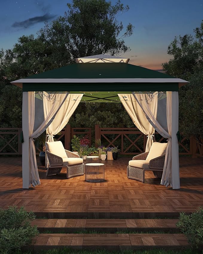 Garveelife 11x11 Pop Up Gazebo Tent with Mosquito Netting, Outdoor Canopy Shelter Easy Setup, Water & UV Resistant - Green