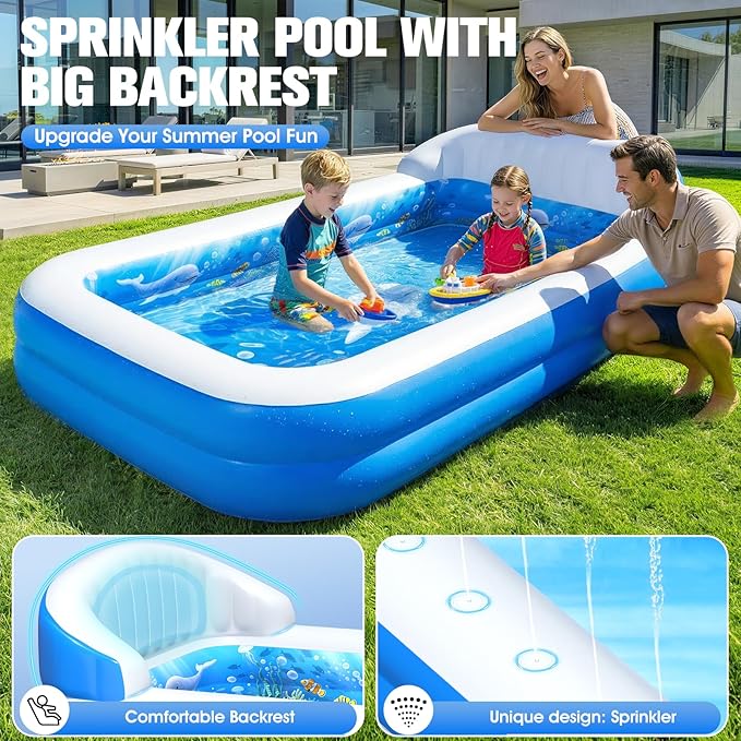 2026 Inflatable Pool with Sprinkler,Durable Blow up Pool with Big Backrest, Rectangle Kids Pool Backyard,Children Swimming Pool,Small Inflatable Kiddie Pool,Outdoor Water Pool for Kids-M