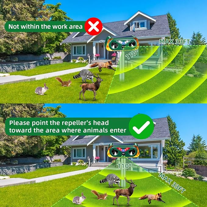 Upgraded Solar Animal Repellent Ultrasonic Outdoor Cat Deterrent Deer Repellent Devices,Waterproof Dog Repeller with Motion Sensor,Flashing Lights,Scare Squirrels Rabbits Raccoons Skunks Garden,2 Pack
