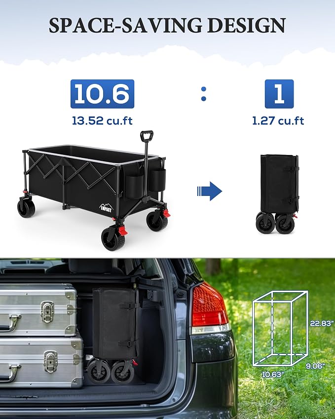47" Collapsible Wagon Cart Foldable 300L Capacity Compact Folded Size | 330 lbs Heavy Duty Utility Wagon, Removable Fabric & Wheels, Cup Holders, For Shopping Camping Sports Moving