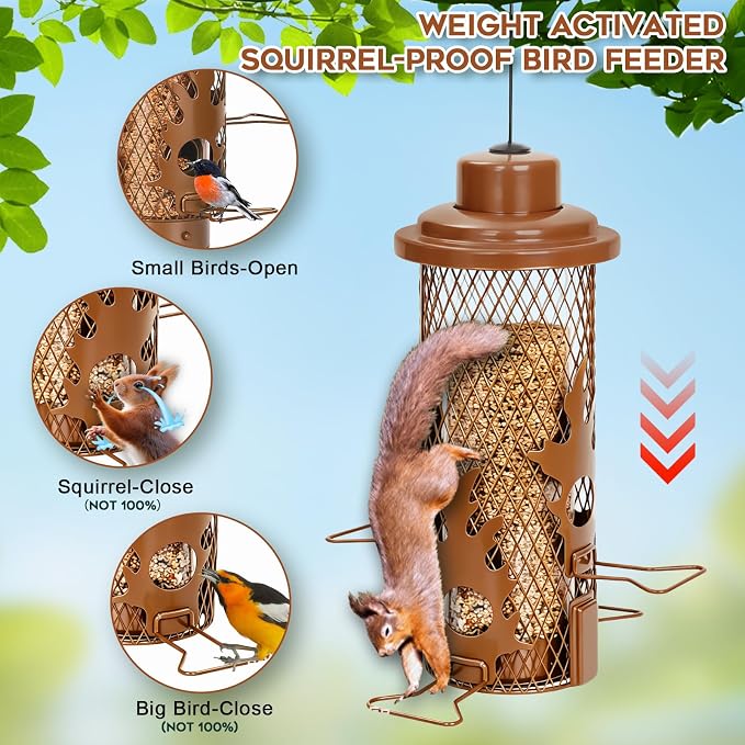 Gbekery Metal Bird Feeders Squirrel Proof for Outdoors Hanging, Brown | Metal Wild Bird Feeders for Small Birds with Weight Activated Perches, Weatherproof and Durable, Perfect for Backyard Garden