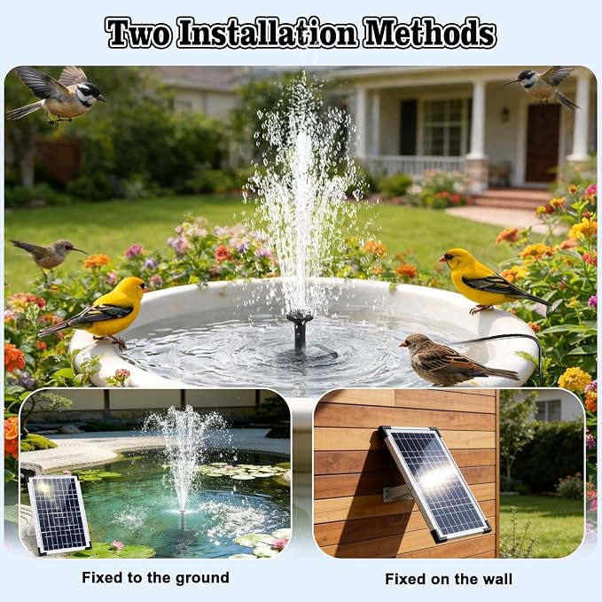 12W Solar Fountain Pump for Water Feature Outdoor DIY, Solar Water Fountain 132 GPH with 9.84FT Power Cable, 6 Spray Nozzles, 3.28FT DIY Tubing for Garden, Pond, Bird Bath