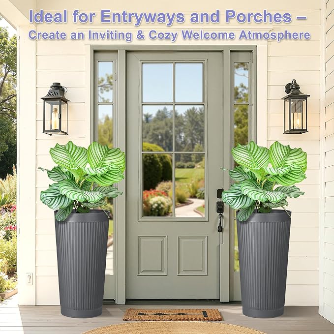 24in Tall Self-Watering Planters Set of 2, Gray | Water level indicator, Self-watering irrigation system, Non-toxic PP plastic, Weather Resistant, Indoor Outdoor Use