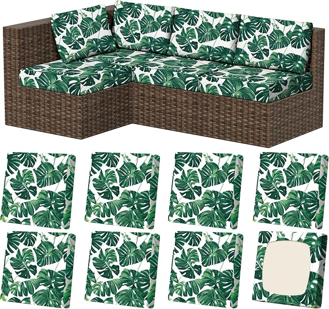 8Pcs Stretch Patio Cushion Covers, Outdoor Couch & Sofa Replacement Slipcovers for Patio Furniture Cushion Covers, Washable Reusable Furniture Protector
