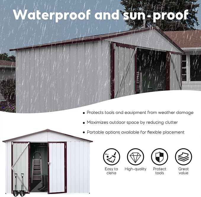 6x8 FT Metal Tool Shed, Galvanized Steel Large Outdoor Storage Shed, Storage Shed Equipped with Vents, Tool Shed with Door and Padlock, Ideal for Backyards, Patio Lawns and Outdoor, Brown White