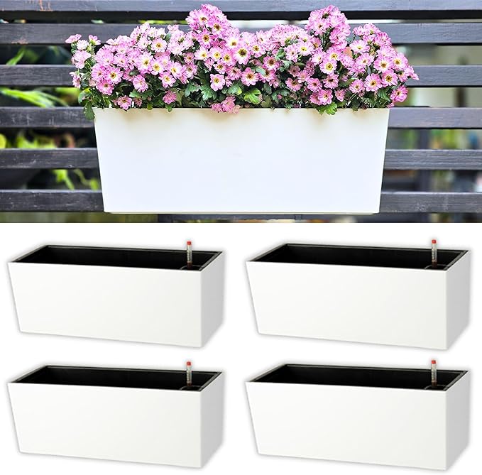 LaLaGreen Railing Planter Box (20 Inch, 4 Pack) White Rectangular Window Flower Boxes with Bracket, Self Watering System Hanging Planter Box for Outdoor Plant Pots Container Deck Rail Fence Balcony