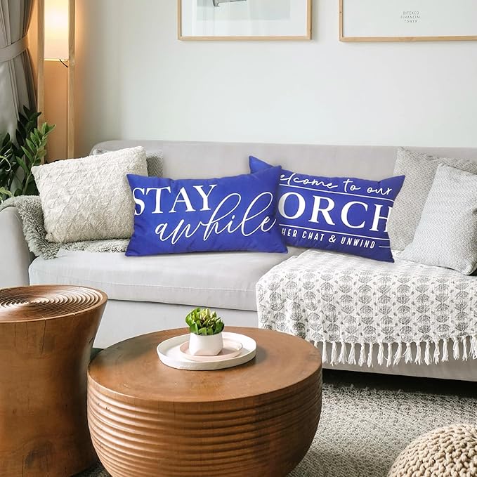 TAJWE Dark Blue Outdoor Pillow Covers Waterproof 12x20 Set of 2 Decorative Welcome to Our Porch Stay Awhile Cushion Cases for Patio Furniture Sofa Couch Decor