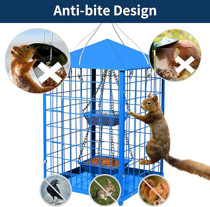 Mosloly Bluebird Feeders Squirrel-Proof, 7 lbs, Large Heavy Metal Caged Mealworms Blue Bird Feeders for Outside, Weatherproof Wild Bird Feeder,2 Layer Seed Cups(Blue)