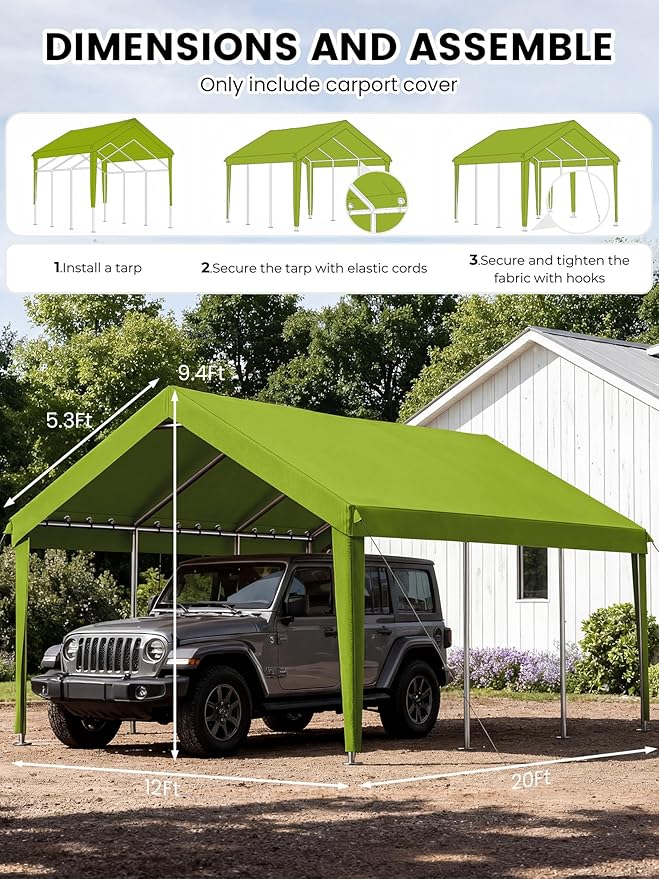 12 x 20 Ft Carport Replacement Cover, Heavy Duty Outdoor Car Tarp Canopy, Waterproof & UV Protected Tear Oxford Tarp with Ball Bungees (Frame is Not Included)