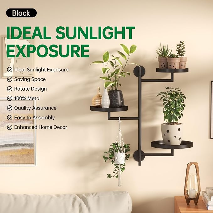 Rotating Window Wall Plant Shelves Stand Holder, 3 Tiered Metal Floating Plant Shelf Hanger Indoor , Window Sill Gifts