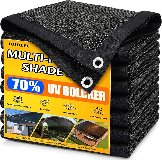 JOJOLEE 70% Sun Shade Cloth, 6.6x6.6FT Shade Net Mesh Tarp with Grommets, Black Sunblock Cover for Outdoor Patio Plants, Pergola, Greenhouse, Chicken Coop, Backyard, Balcony