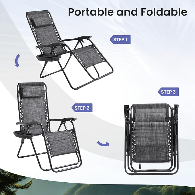 Zero Gravity Chair Set of 4 Oversized Folding Recliner, Padded Anti Gravity Lounge Chair with Adjustable Pillow & Cup Holder for Outdoor Camping, Patio, Poolside, Lawn (Gray)