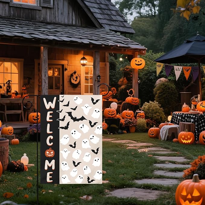 Halloween Welcome Garden Flag 12x18 Inch Cute Ghost Bat Black Cream Holiday Theme Scary Halloween Decorative Yard Flags for Outside Double Sided Outdoor Home Farmhouse Decoration Porch Decor