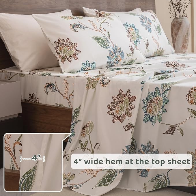 QSH Floral Bed Sheets Queen Size - 100% Egyptian Cotton Sheets Elegant Botanical Leaves Flower Pattern Printed Bedding Sheets Queen Size Bed Extra Soft and Breathable 4pcs Deep Pockets Bed Sheets