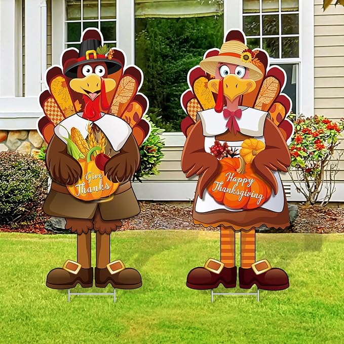 Capoda Large Thanksgiving Turkey Yard Sign Turkey Pumpkin Fall Yard Sign Stake Happy Thanksgiving Signs with H Stand for Fall Autumn Harvest Party Lawn Garden Outdoor Decor, 29.3 x 12.6 Inch
