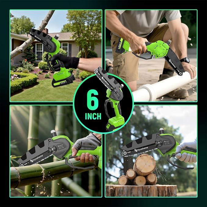 6inch Mini Chainsaw, Chainsaw Cordless w Automatic Oiler, Handheld Electric Power Chain Saw w Security Lock, Brushless Motor,Chainsaws for Wood/Trees Trimming (Green - 2 batteries, 6 INCH)