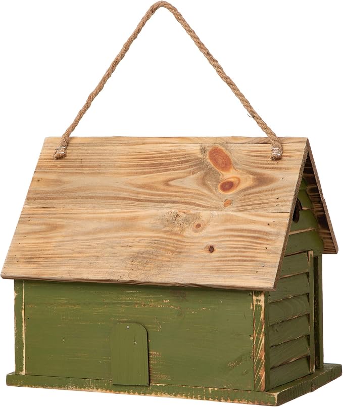 Glitzhome 14.25" L Wood Hanging Birdhouse for Outdoors Oversized Distressed Cottage Bird House Rustic Painted Bird House for Bluebird Wren Chickadee Sparrow Bird Nest Box for Garden Patio, Green