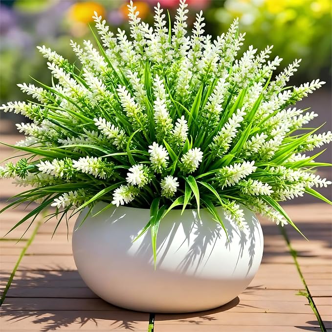 Geegoods Artificial Plants Flowers Outdoor – 48 Bundles UV Resistant Faux Lavender Flowers with Monkey Grass for Garden Porch Window Patio Hanging Planter Decor