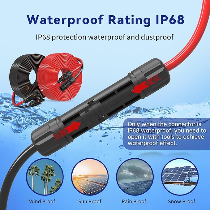 Solar Extension Cable 10AWG 6mm² 30FT PV Wire 10Gauge Adaptor Panels Cables with Female & Male Waterproof Connectors for Outdoors, Marine, RV, Photovoltaic (Black& Red)