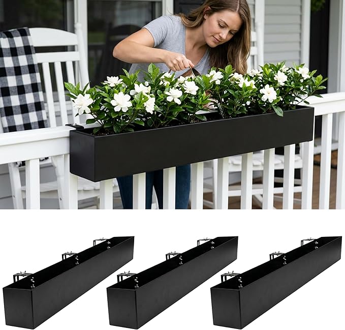 LaLaGreen Railing Planter Box (36 Inch, 3 Pack) Black Metal Rectangular Hanging Flower Boxes with Brackets, Large Planters for Outdoor Plants Deck Railings Fence Balcony Patio Porch Over Rail Garden