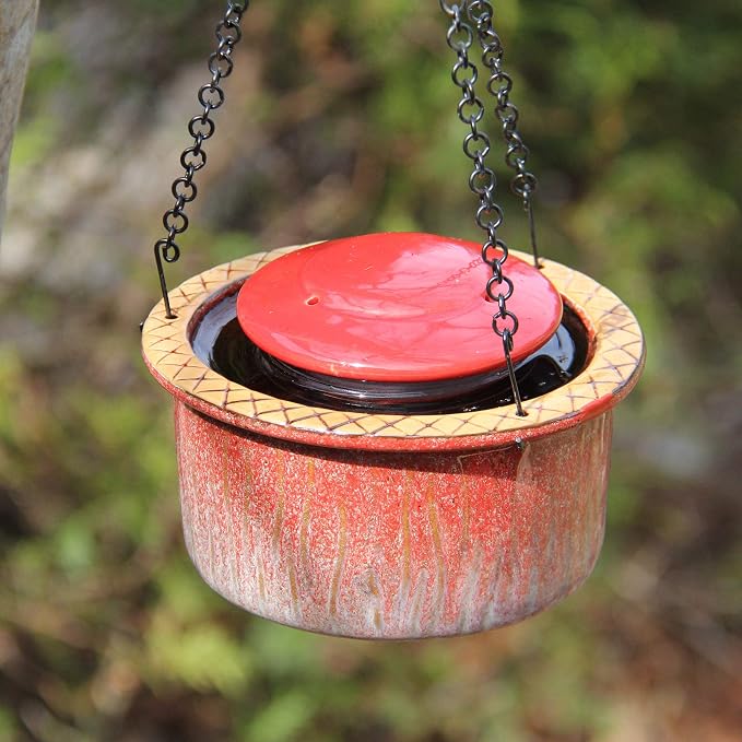 Byer of Maine Alcyon Hummingbird Feeder, Outdoor Hanging Feeder Water Moat for Ants, Dishwasher Safe, Red Ceramic Glaze, 6.5 oz.