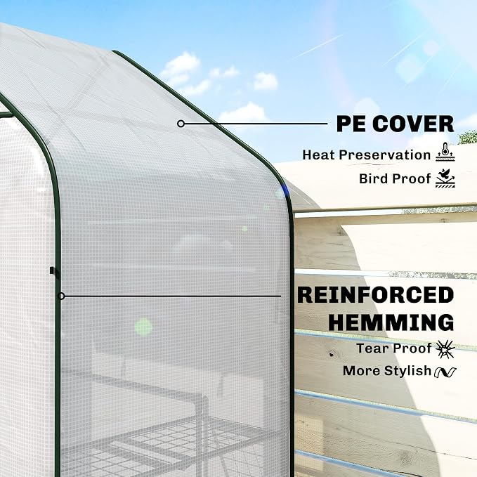 Outsunny 4.7' x 2.3' x 6.2' Small Greenhouse for Outdoors, 3 Tiers 6 Shelves, Portable Greenhouse with UV-Resistant PE Cover, Walk-in Green House with Roll-Up Door, White