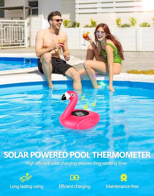 FirstE 2026 Solar Digital Pool Thermometer Come with Rope | Backlit LCD Display for Easy Read | Flamingo Pool Temperature Thermometer Floating Design | Ultra-accurate Temperature Gauge for Hot tub,Spa