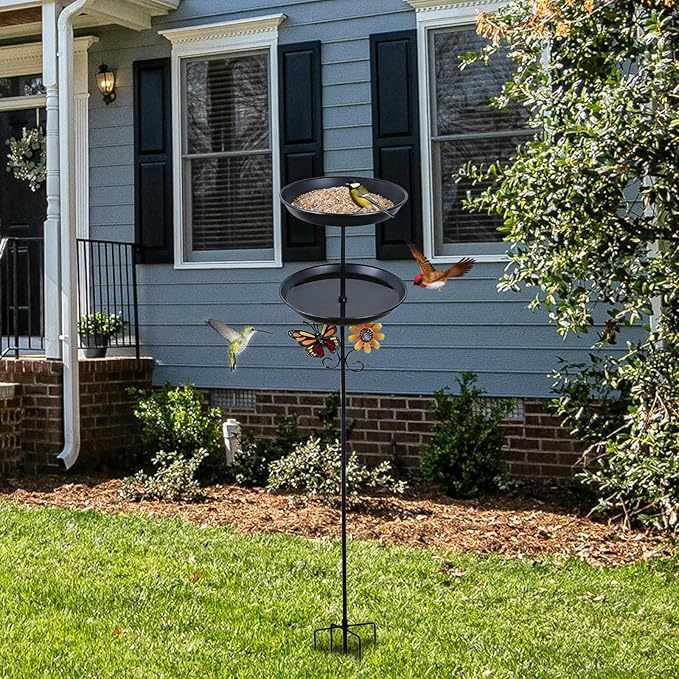hogardeck 2-in-1 Vintage Freestanding Bird Bath & Feeder, Double Metal Layers Birdbath with Upgraded 5-Pronged Sturdy Base, Outdoor Decor for Garden Patio Yard Lawn, Black
