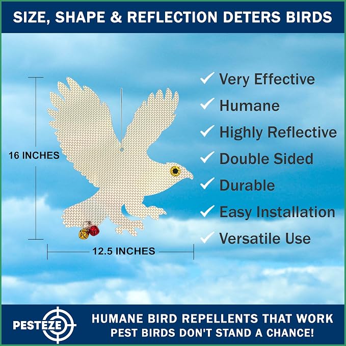 PESTEZE USA Owl Bird Repellent Holographic Decoy with 2 Bells [12.5 × 16 in] Uses Reflective Shine and Sound to Deter Woodpeckers, Pigeons, Crows, Ducks, Geese & Outdoor Pests Safely Around Your Home