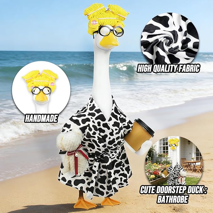 Lady Porch Goose Outfits,Bathrobe Porch Goose Statue Costume with Curlers Reading Glasses Coffee Cup Towel,Cute Goose Clothes for 23-Inch Cement Statue,Lawn Yard Garden Patio Decor（Cow Print）