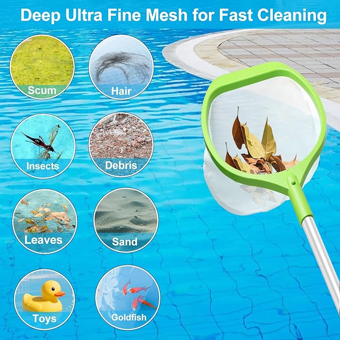Pool Skimmer Net with 6-Section Reinforced Aluminum Pole, Deep Ultra Fine Mesh Leaf Skimmer Rake for Fast Debris Removal, 56.3" Adjustable Length for Cleaning Swimming Pools, Spas, Tubs & Ponds