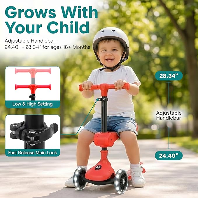 SereneLife 3 Wheel Scooter for Toddlers & Kids, Foldable Seat, LED Wheels, Adjustable Handlebar, Anti-Slip Deck, Rear Foot Brake, Lean-to-Steer, Kid Scooter, Supports up to 110 lbs (Red)