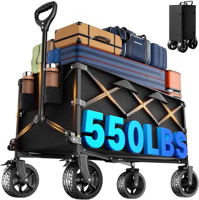40" Extra Large Collapsible Wagon Cart 550 lbs Capacity Big Wheels for Camp | folds to 0.65 cu ft (1/10 of expanded size); quiet 360° big wheels; 600D Oxford fabric; 300L for bulky gear; 550 lbs load