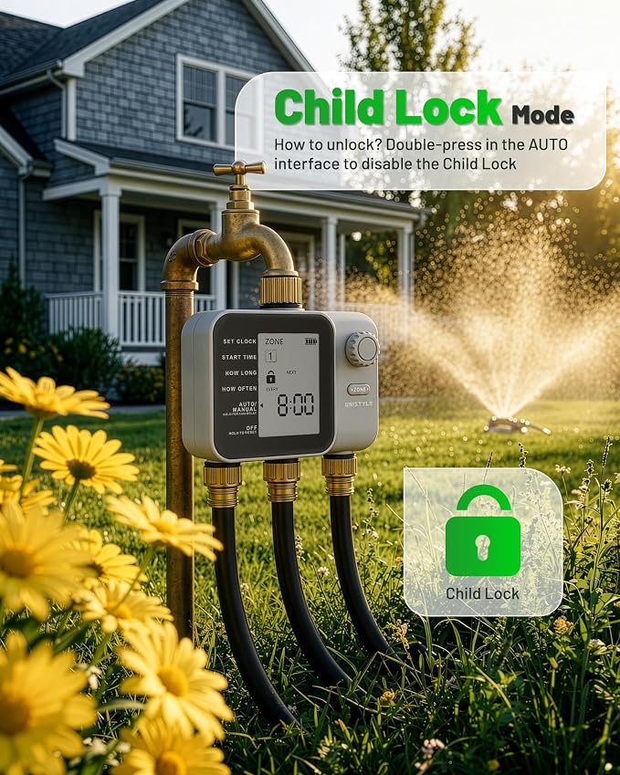 [All-New 2027] 3 Zone Sprinkler Timer with Brass Inlet, Unistyle Water Timer for Garden Hose with Rain Delay/Manual Watering/Automatic Irrigation, Hose Timers with Large LCD for Yard and Lawn Patio