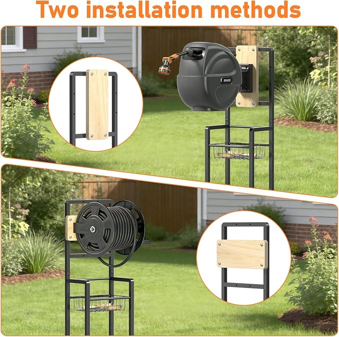 Retractable Hose Reel Stand, Freestanding Garden Hose Holder for Outside with Mounting Brackets, No Wall Installation, Fits Most Garden Hose Reels (Reel Not Included)