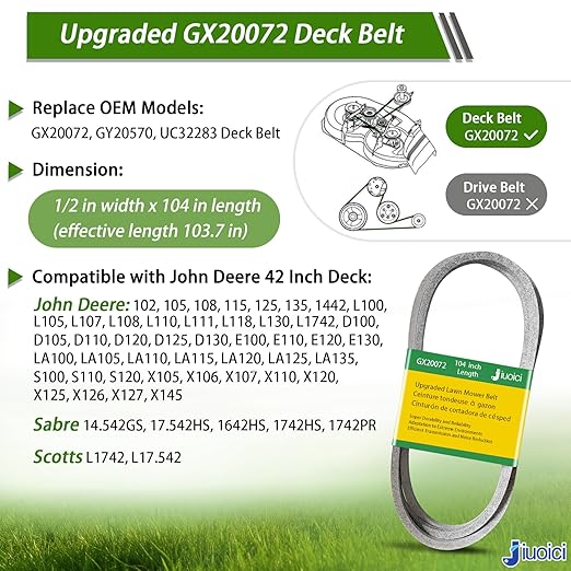 Upgraded for GX20072 John Deere 42 Inch Deck Belt, D105 D110 D130 S100 L110 L100 L111 LA105 LA115 LA125 S110 S130 E100 E110 L108 Lawn Mower, GY20570 V-Belt, Zero-Stretch, Extra Long Life /104 Inch
