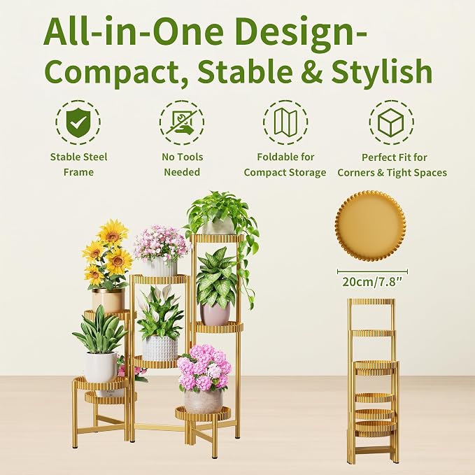 Stand Plants, 8 Tier Metal Tiered Plant Stands Indoor, Corner Flodable Plant Stand Outdoor Planter Flower Pot for Multiple Plants, Floding Display Racks for Patio Porch Balcony -GoldFloroma
