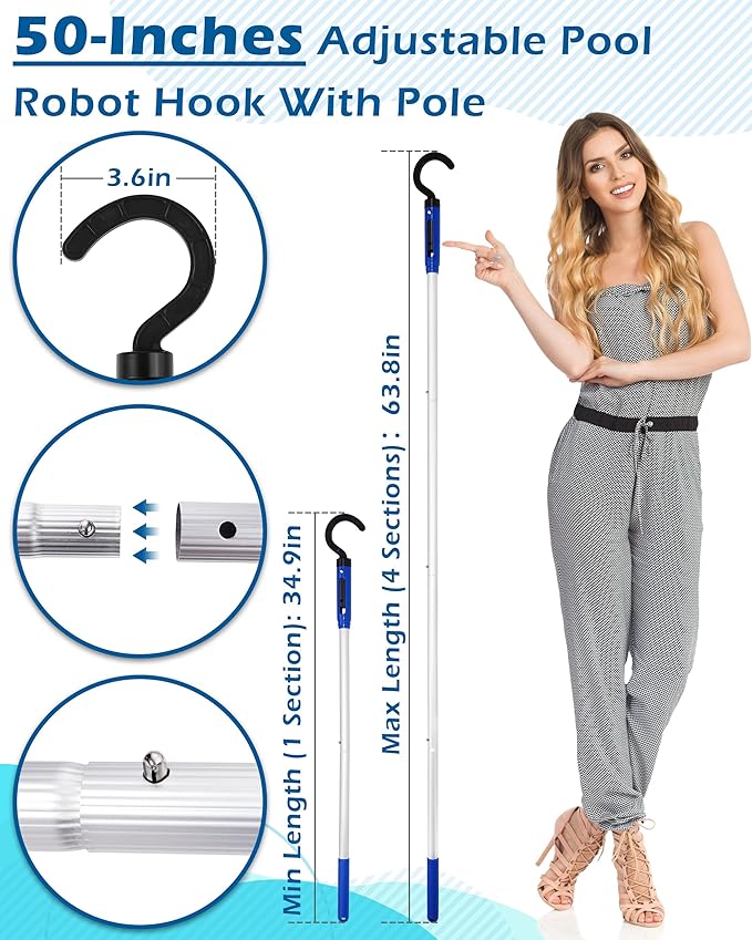 Pool Robot Retrieval Hook - 63.8 Inch Adjustable Stainless Aluminum Pole, Heavy-Duty Detachable Hook for Pool Robot Vacuum Robotic Pool Cleaner Including Cordless/Above Ground/Underwater Cleaners