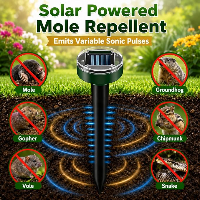 Ultrasonic Mole Repellent Solar Powered, 10 Pack | Mole, Gopher & Vole Repellent, Sonic Burrowing Pest Control, Snake & Groundhog Repellent, Pet Friendly, Outdoor Waterproof