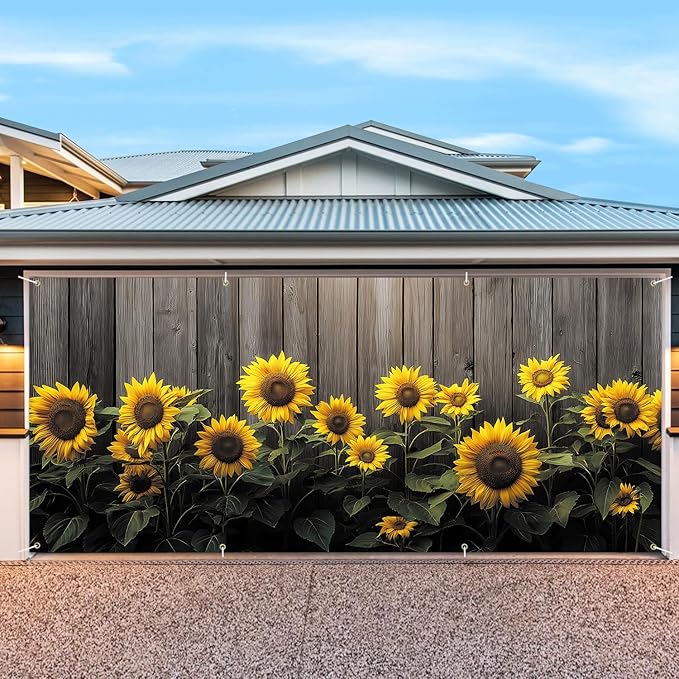 6 * 13FT Summer Sunflower Fence Garage Door Cover Decorations Sunflower Garage Door Banner for Outdoor Indoor Summer Party Photography Backdrop