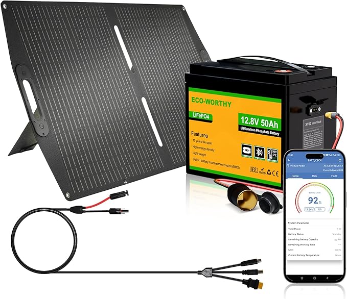 ECO-WORTHY 12V 50Ah LiFePO4 Lithium Battery with 100W Portable Solar Panel, Bluetooth 5.0, Low Temp Protection, Connects to Car Power Inverter for RV Road Trip Camping Hiking Marine Off Grid Travel