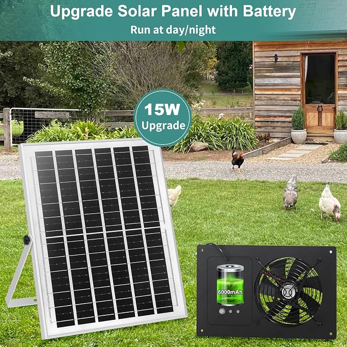 Solar Fan for Chicken Coop with 16.4Ft Cable,3/6H Timer, Waterproof Greenhouse Fans for Shed, Chicken Coop,Ventilation