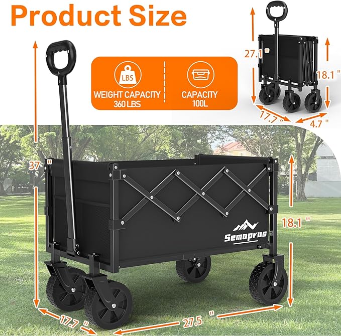 Wagons Carts Foldable, 360LBS Folding Utility Heavy Duty Wagon Cart with Wheels, 100L Portable Utility Outdoor Wagon for Shopping, Beach, Camping, Sports, Garden