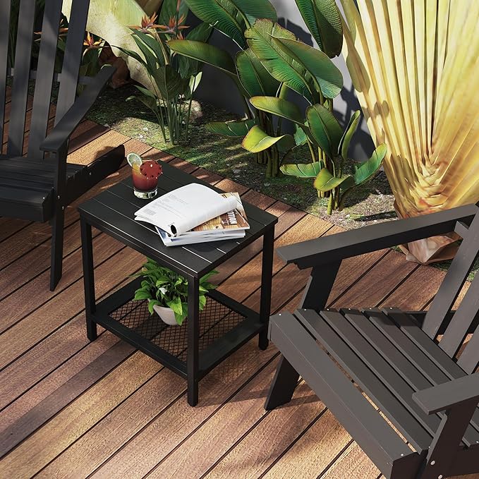 Rectangular Outdoor Side Table with Storage, 2-Tier Patio End Table Weather Resistant, Black Outdoor Accent Table, Small Porch Tables for Pool, Deck, Garden (Black 2PC)