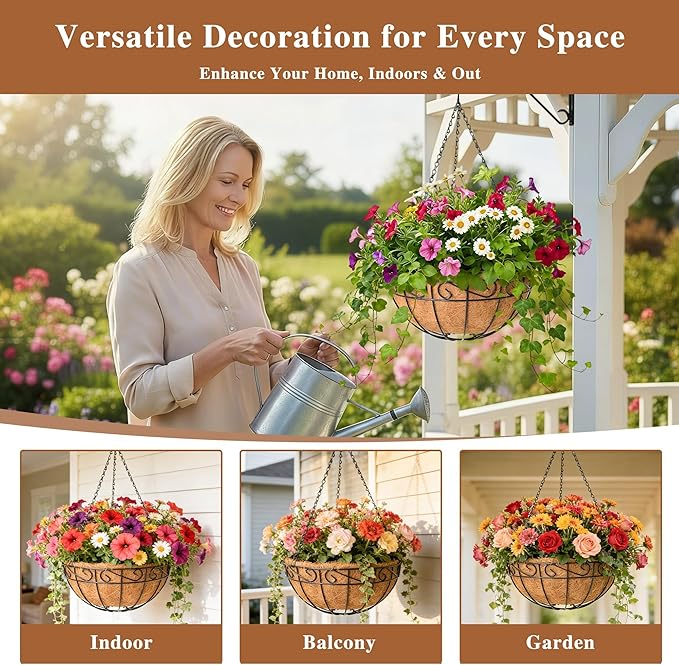 4 Pack Hanging Planter for Outdoor Plants 14 inch Metal Hanging Flower Basket with Coco Coir Liner Round Wire Plant Holder Chain Flower Pots Outdoor Garden Decoration Watering Hanging Baskets（HB）